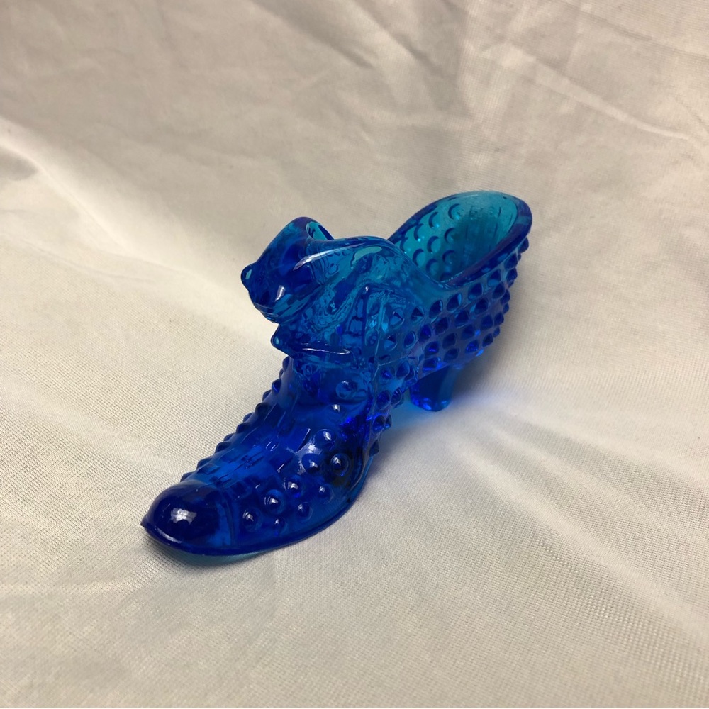 Vintage Cobalt Blue Glass Fenton Hobnail Slipper Shoe